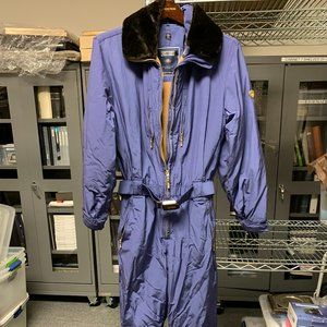 Vintage Italian Women's one piece ski suit with faux fur trim - Blue and Black